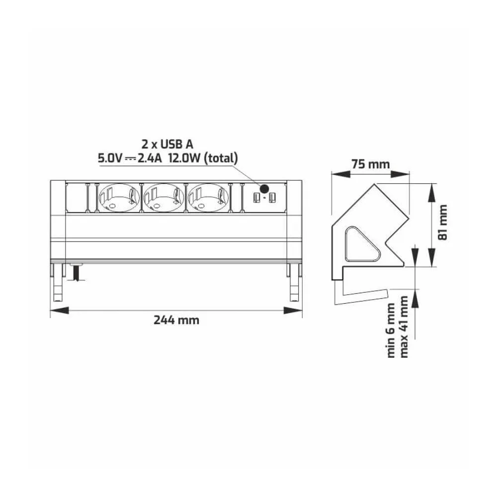 DESK BOX aluminium, 3 x gniazdo FR, 2 x USB typ A,