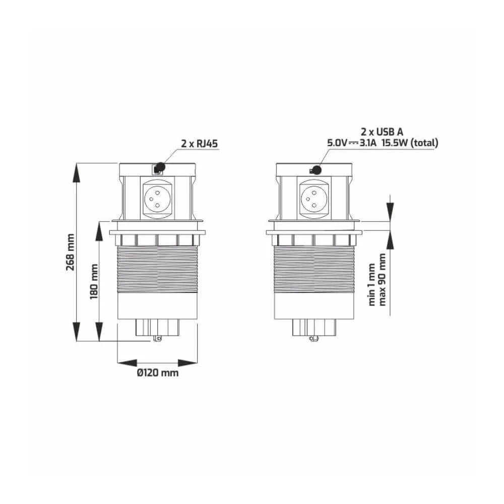 MULTI BOX, czarny, 4 x gniazdo SCHUKO, 2 x USB typ