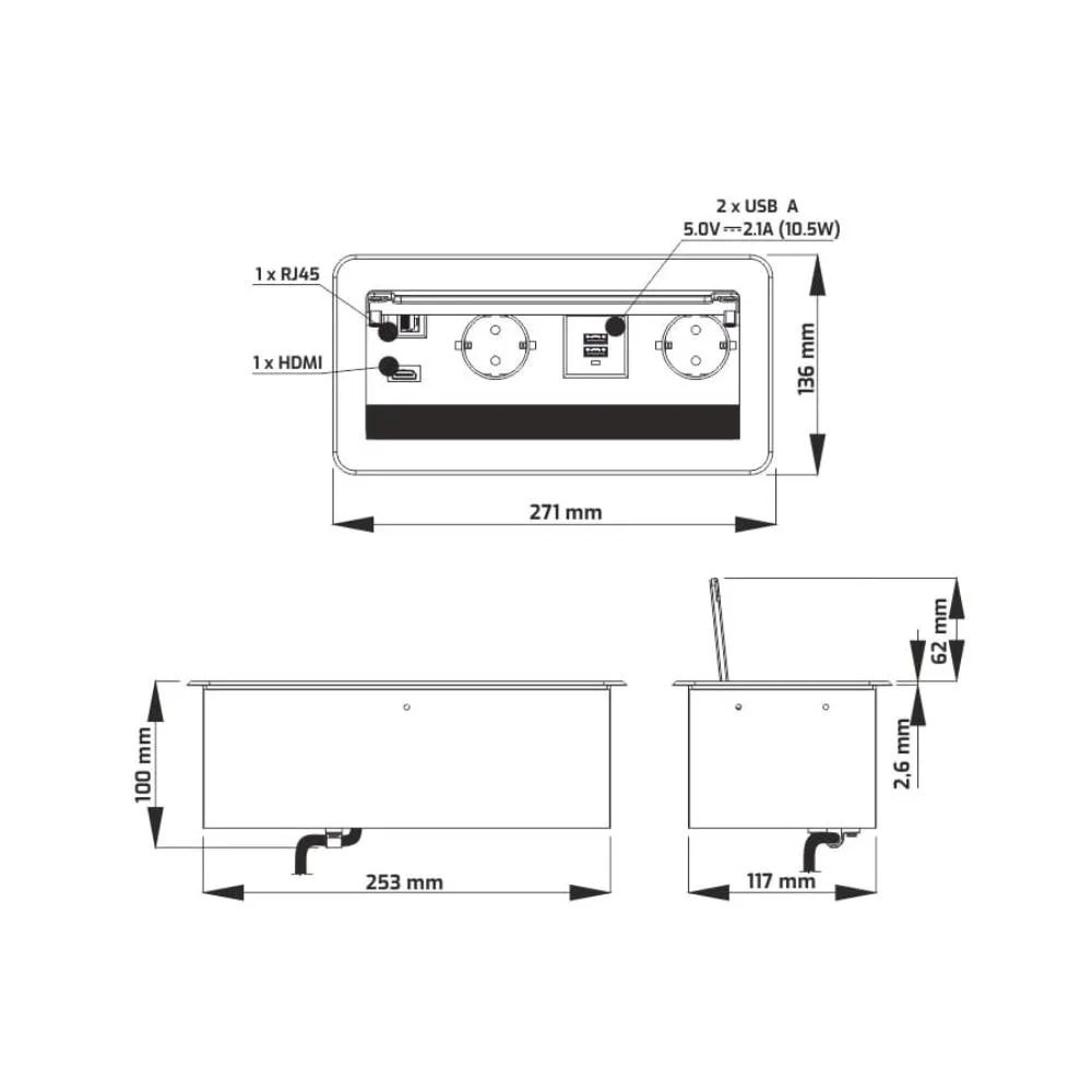 INBOX czarny 2x gniazdo FR, 2xUSB, 1xRJ45, 1xHDMI,