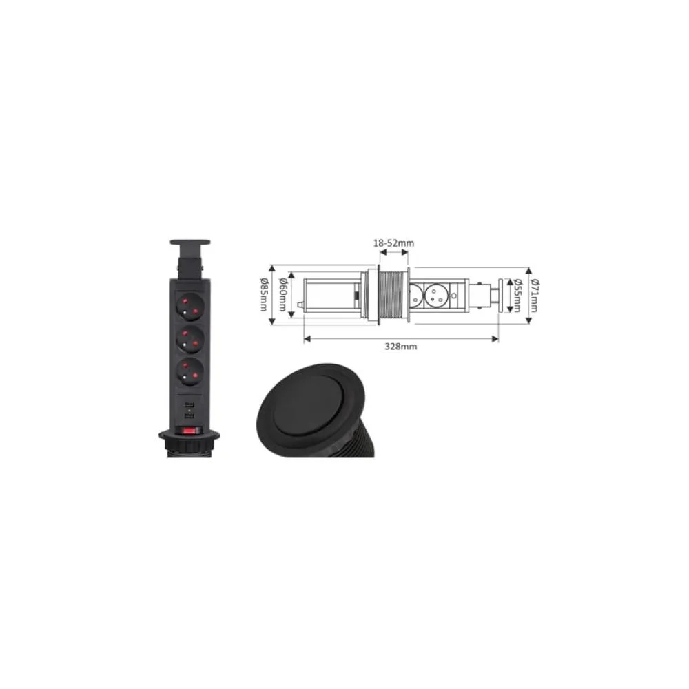 LIFT BOX czarny fi60mm, 3x gniazdo z bolcem +2xUSB