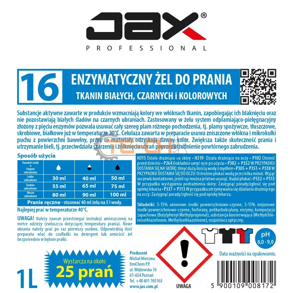 JAX16 1L x8 ENZYMATYCZNY ŻEL DO PRANIA TKANIN BIAŁYCH, CZARNYCH, KOLOROWYCH