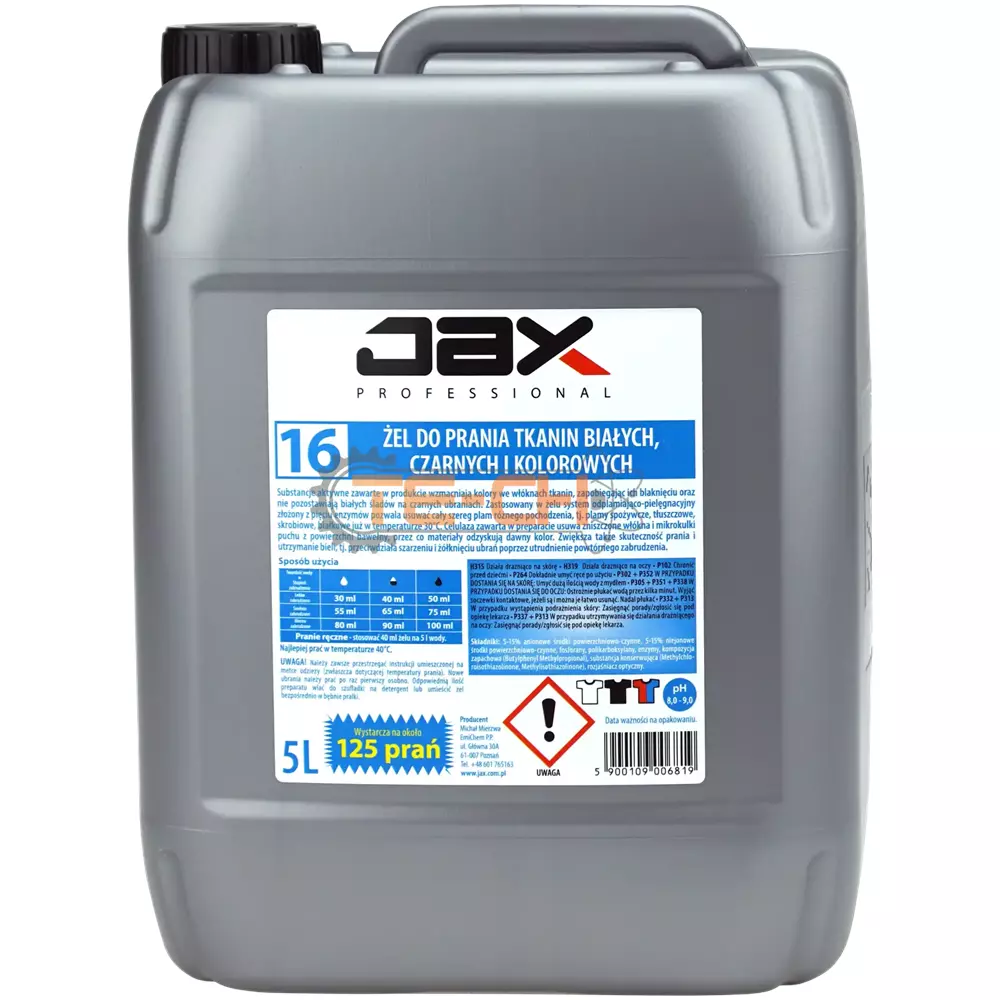 JAX16 5L x4 ENZYMATYCZNY ŻEL DO PRANIA TKANIN BIAŁYCH, CZARNYCH, KOLOROWYCH