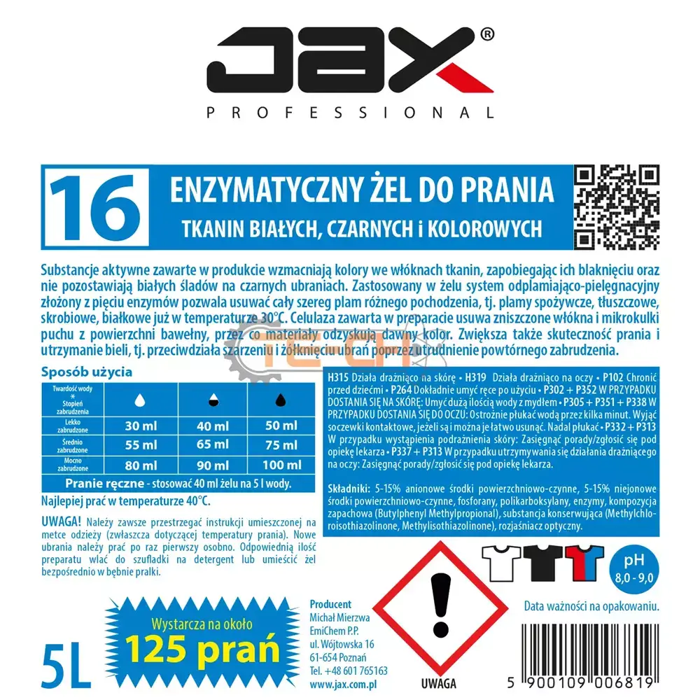 JAX16 5L x4 ENZYMATYCZNY ŻEL DO PRANIA TKANIN BIAŁYCH, CZARNYCH, KOLOROWYCH