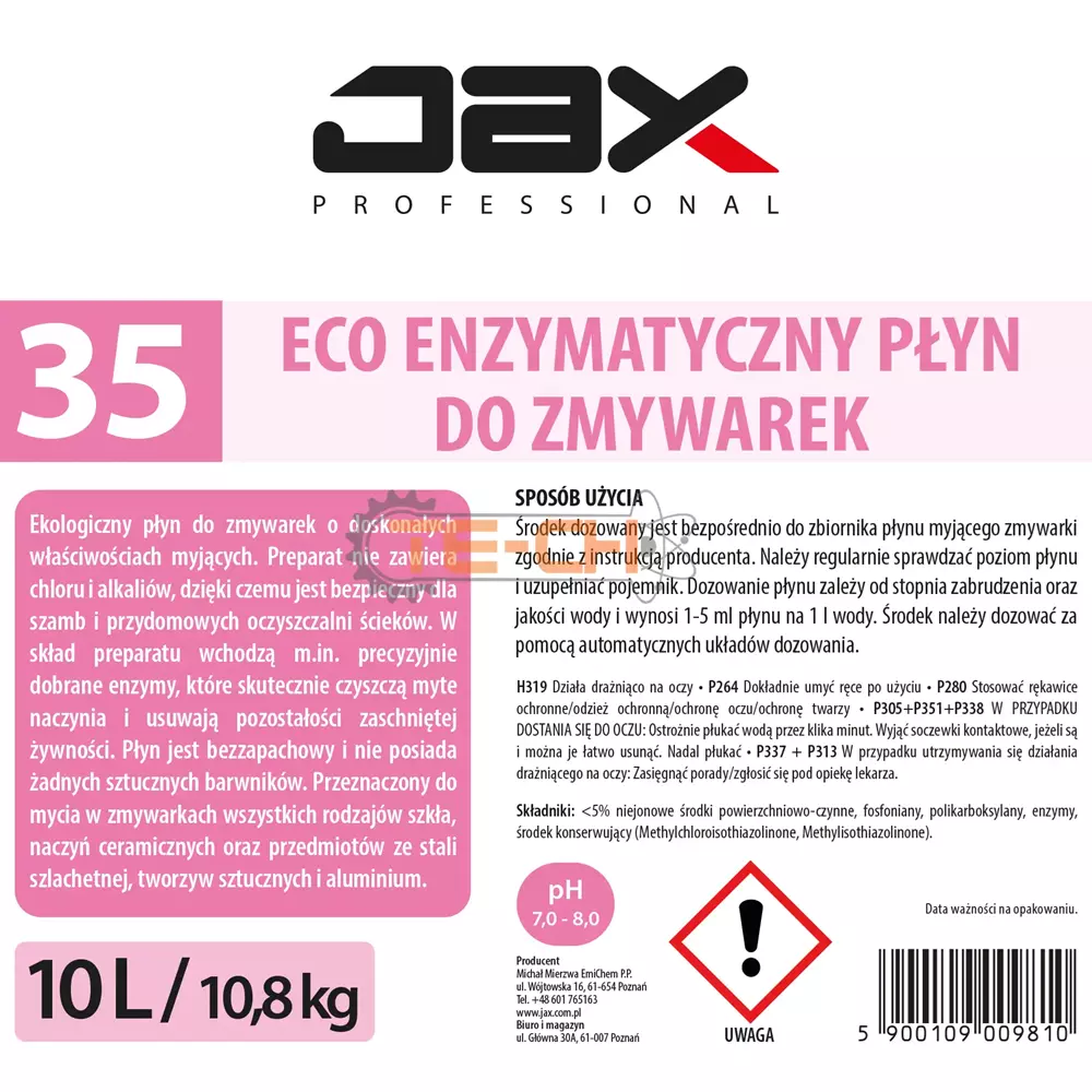 JAX35 10l ENZYMATYCZNY PŁYN DO ZMYWAREK EKOLOGICZNY