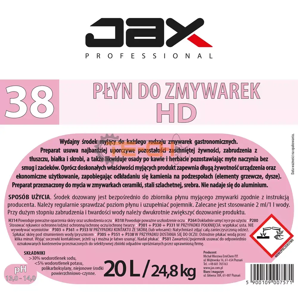 WYDAJNY PŁYN DO ZMYWAREK HD JAX38 20L