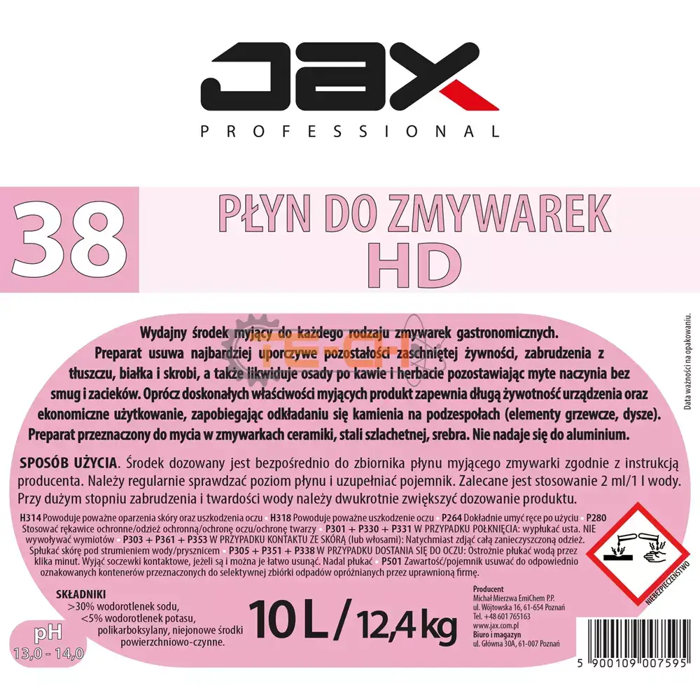 WYDAJNY PŁYN DO ZMYWAREK HD JAX38 10l