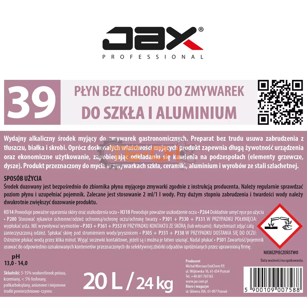 PŁYN MYJĄCY DO ZMYWAREK MEGA do szkła i aluminium JAX39 20l