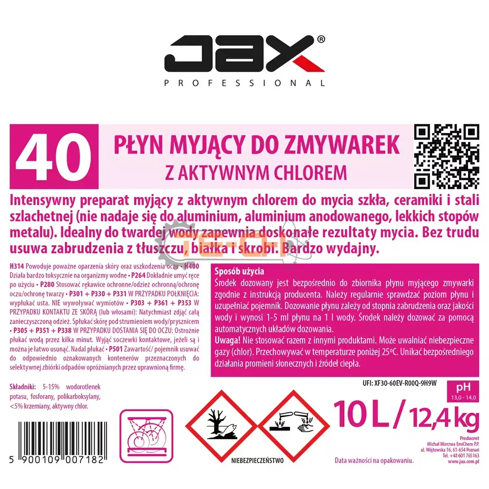 PŁYN MYJĄCY DO ZMYWAREK BISTRO Z AKTYWNYM CHLOREM JAX40 10l