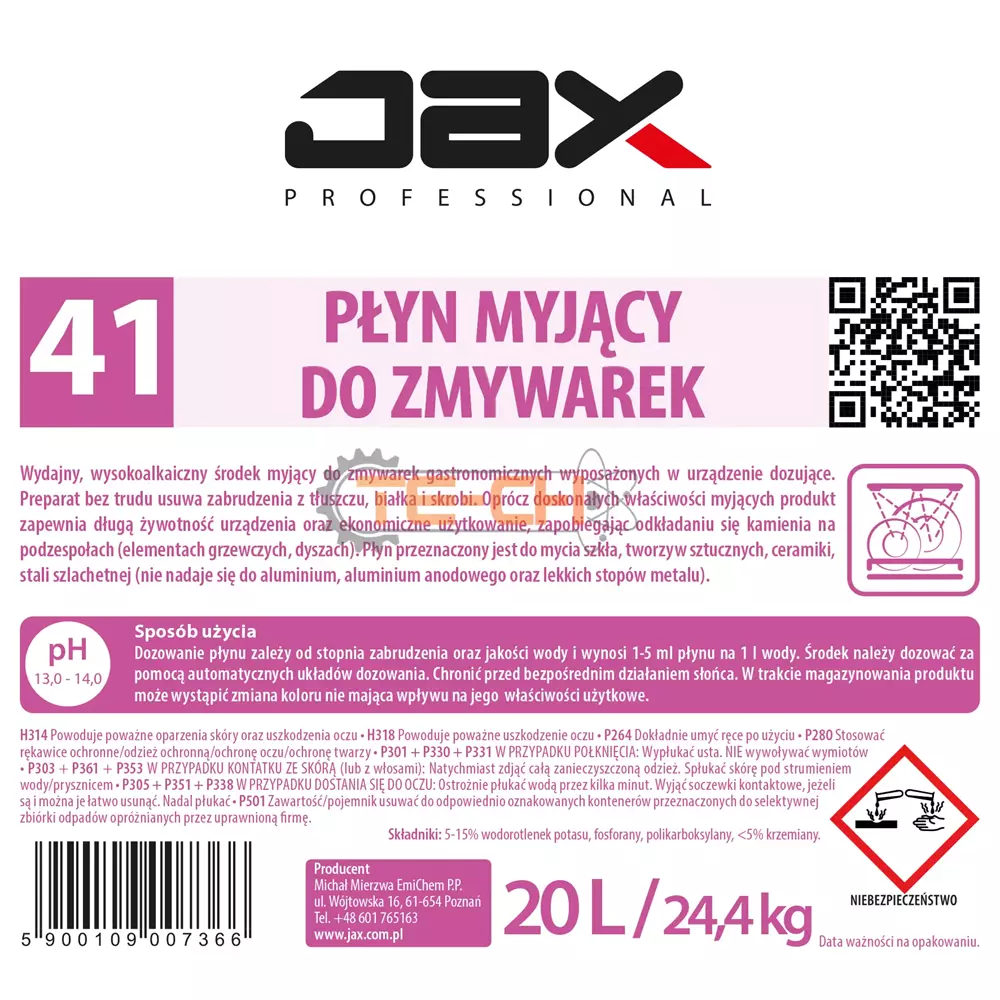 PŁYN MYJĄCY DO ZMYWAREK BISTRO BEZ CHLORU JAX41 20 l