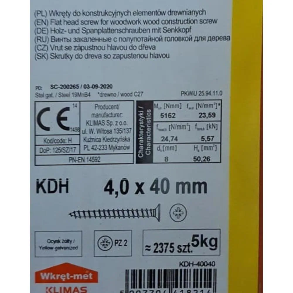 Wkręty hartowane do drewna 4x40 ZŁOTE 5kg KDH-40040 ok 2690szt